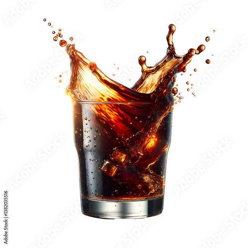 3D Cola splashing out of a glass isolated white background