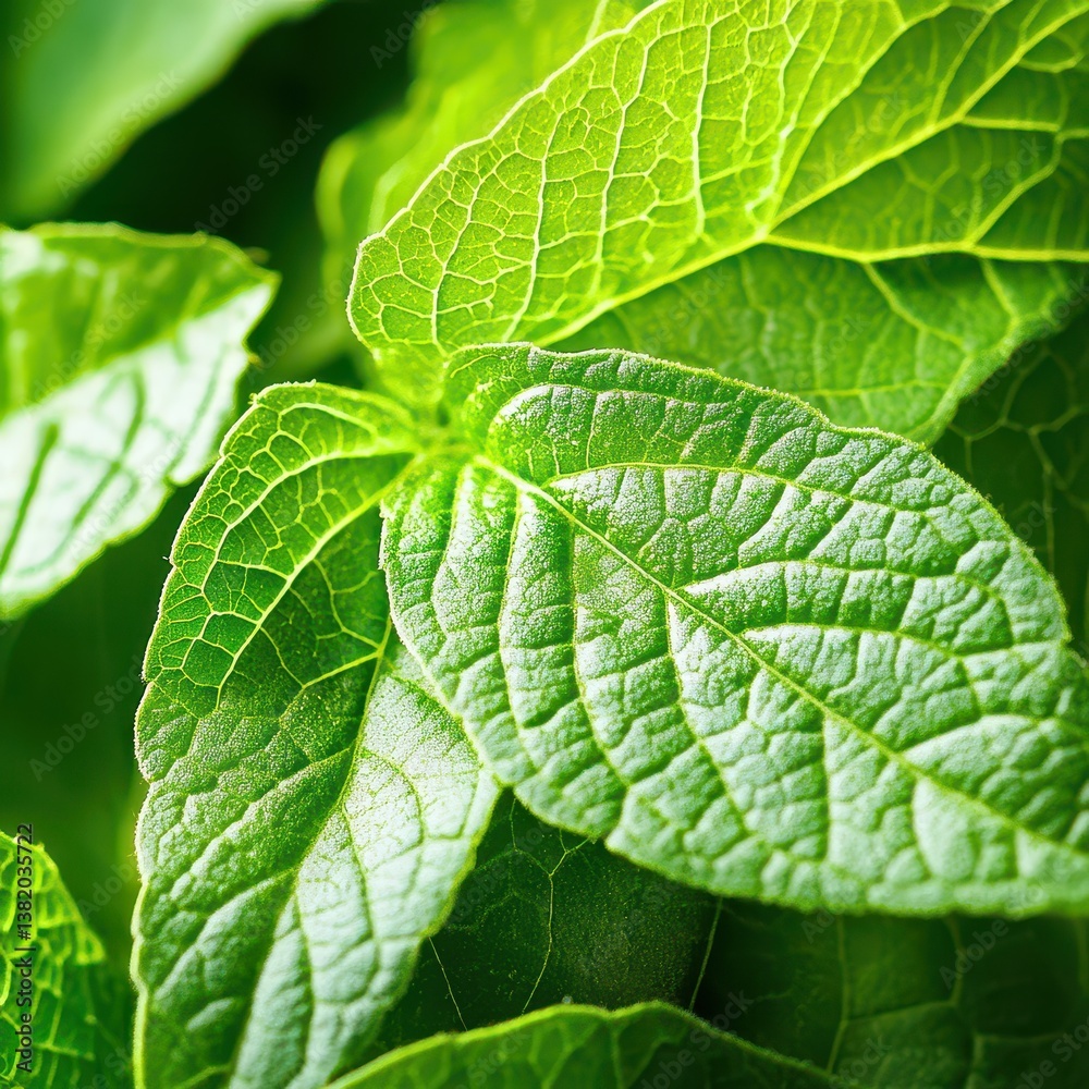 Fresh green leaves with detailed textures visible Fresh green leaves with detailed textures visible