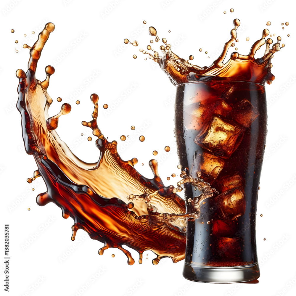 3D Cola splashing out of a glass isolated white background