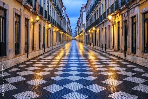 A moody, gothic-style shopping street in Lisbon at night, with old lamp-lit arcades and shadowy figures