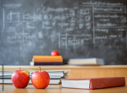 Apples and Books on Desk with Chalkboard Background Concept