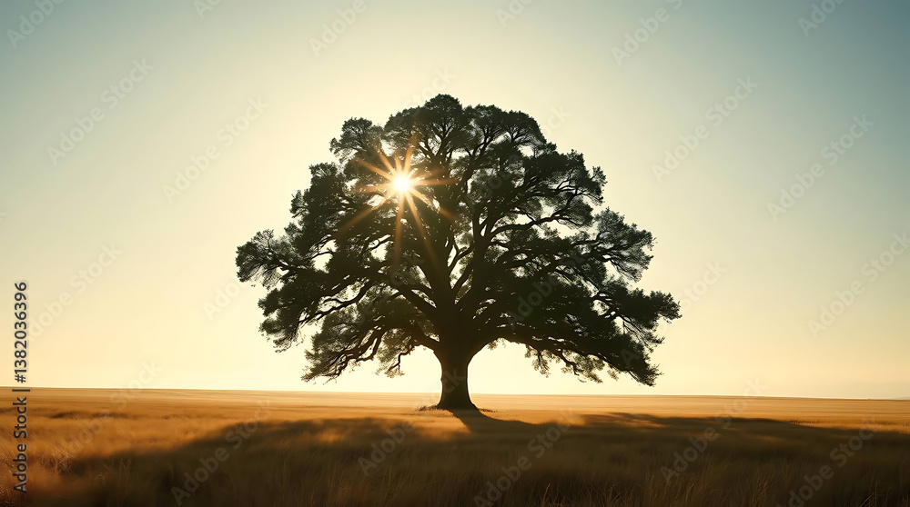 Fototapeta premium Majestic tree silhouette, golden field, sunrise