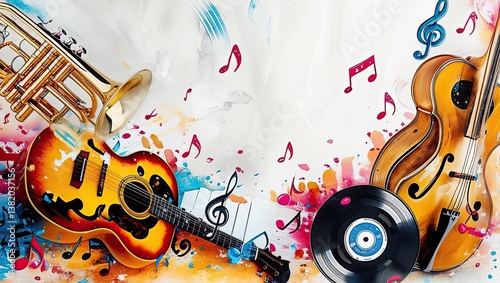 Colorful Musical Instruments Including Guitar, Trumpet, Piano Keys, Musical Notes, and Record Disc on White Background with Copy Space for Your Text or Design.