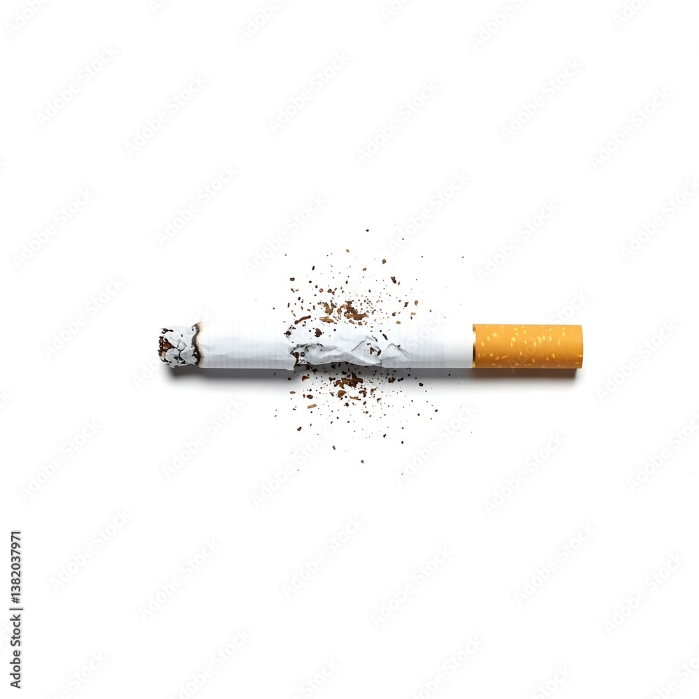 Obraz premium A burnt cigarette lying horizontally on a white surface with tobacco crumbs scattered around it, showing the remnants of smoking and its associated debris.