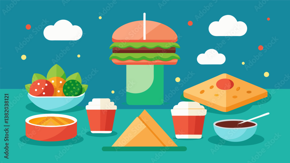 Fototapeta premium A balance of light and filling treats with options like cucumber and cream cheese tea sandwiches crab rangoons and sesame balls with red bean paste.. Vector illustration