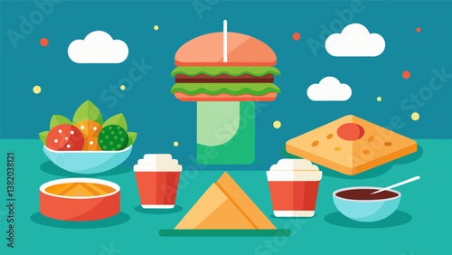 A balance of light and filling treats with options like cucumber and cream cheese tea sandwiches crab rangoons and sesame balls with red bean paste.. Vector illustration