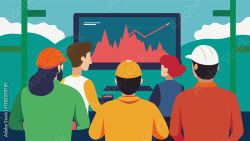 A group of seismologists closely watching a live feed of a seismograph anticipating the moment it spikes with earthquake activity.. Vector illustration