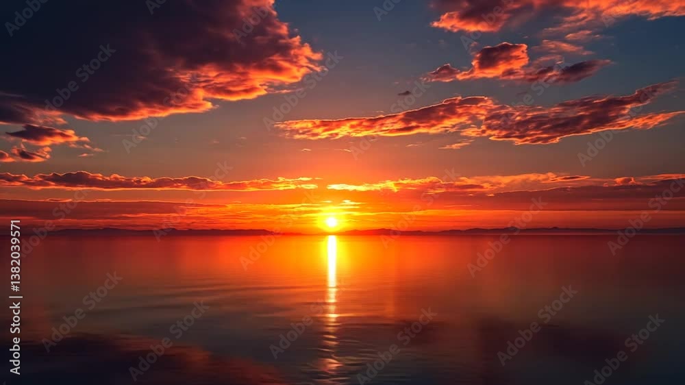 A vibrant sunset over calm water, showcasing the reflection of fiery clouds and a bright sun. A vibrant sunset over calm water, showcasing the reflection of fiery clouds and a bright sun.