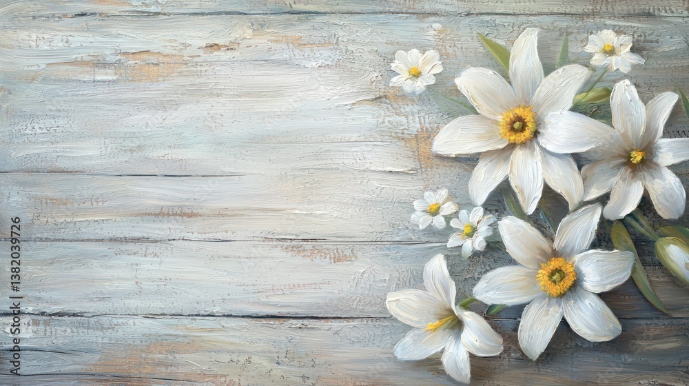 Fototapeta premium A delicate oil painting of daisies and lilies on a wooden background