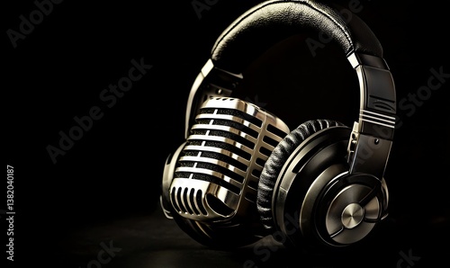 Studio microphone and headphones on a black background, perfect for a sleek podcast banner