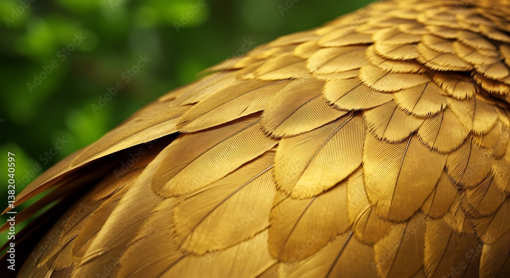 Obraz premium Golden bird feathers close-up soft light texture. AI Generated