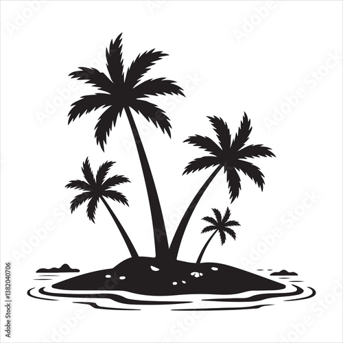 Silhouette of palm trees on an island with the sun setting over the ocean.	