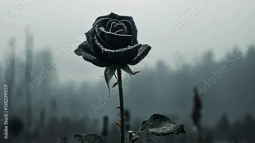 Solitary Black Rose in a Foggy Forest