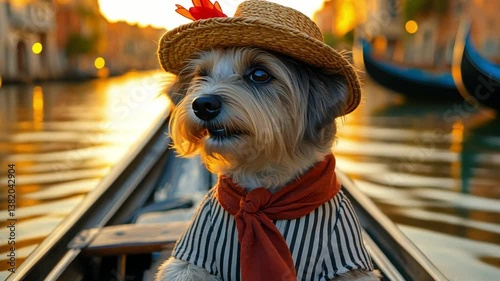 Canine Gondolier: A charming dog, impeccably dressed, enjoying a gondola ride through a picturesque canal at dusk, embodies the spirit of adventure and the allure of travel.