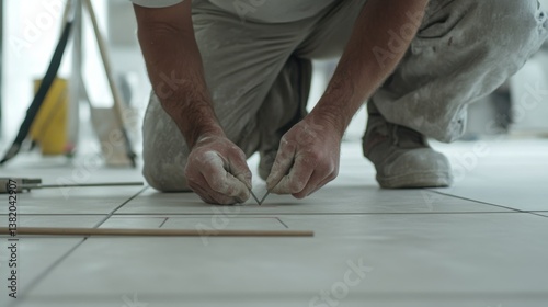 A construction worker measuring and marking a floor for tile installation. Featuring precision and skill
