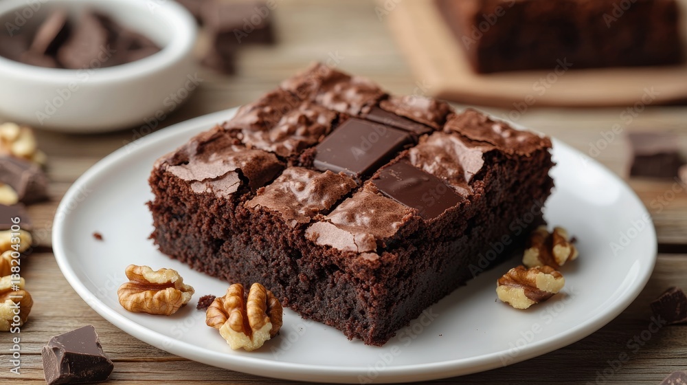 Delicious chocolate brownies with walnuts on plate Delicious chocolate brownies with walnuts on plate