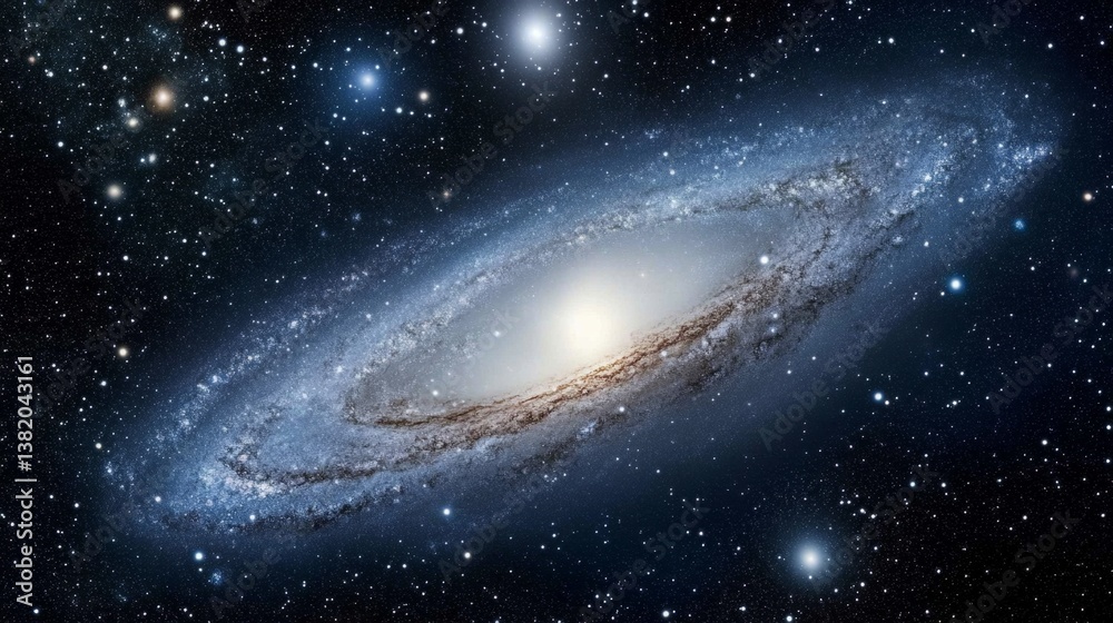 Naklejka premium A realistic view of the Andromeda Galaxy from deep space, with billions of stars glowing softly