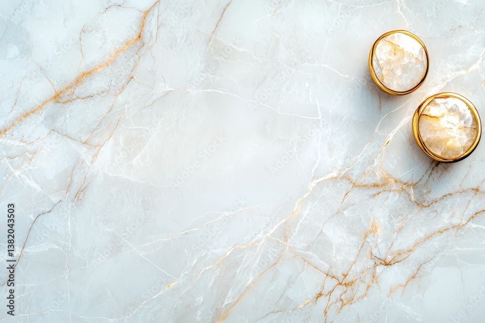 An elegant marble surface with golden veining, featuring two round, decorative pieces that enhance its luxurious aesthetic.