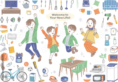 引っ越し＆新生活！家具・家電とジャンプする家族のイラストセット