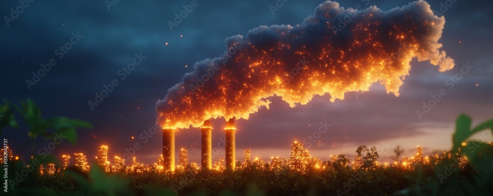 Fototapeta premium Industrial Emissions and Pollution with Dramatic Sky at Dusk