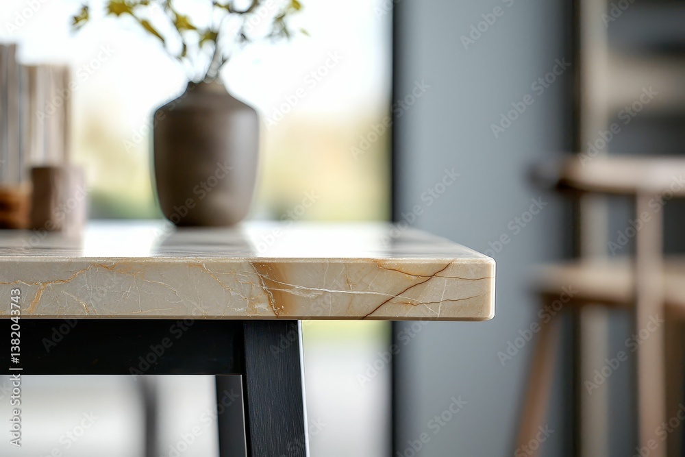 A stylish close-up of a marble tabletop with a decorative vase, showcasing modern interior design elements and natural light.