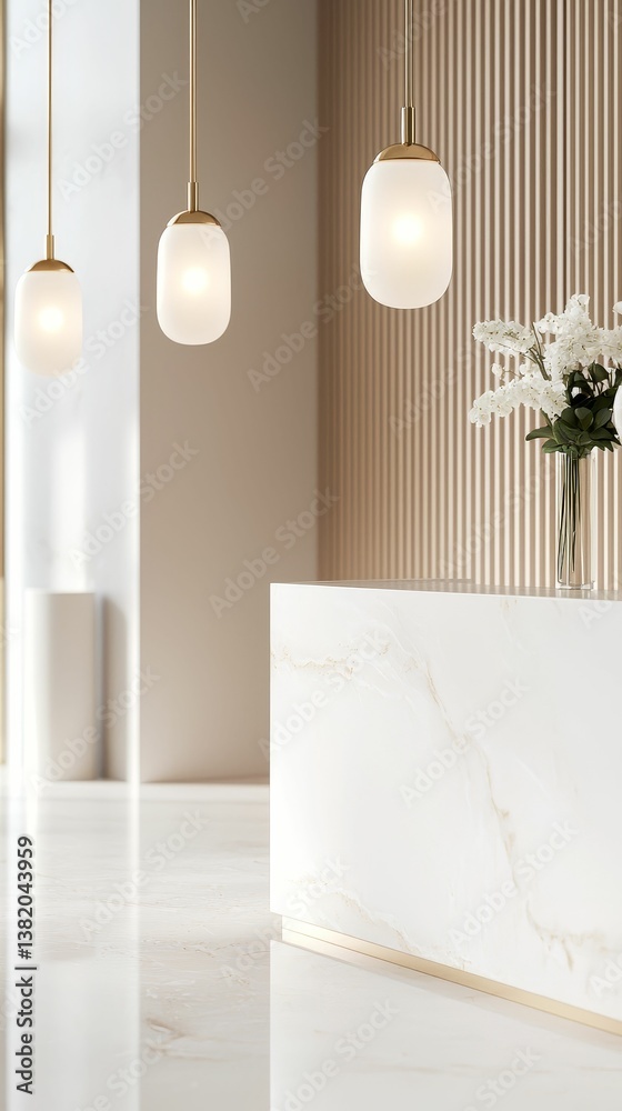 A modern interior featuring sleek lighting fixtures, a marble countertop, and a minimalist design with decorative flowers against a textured wall.