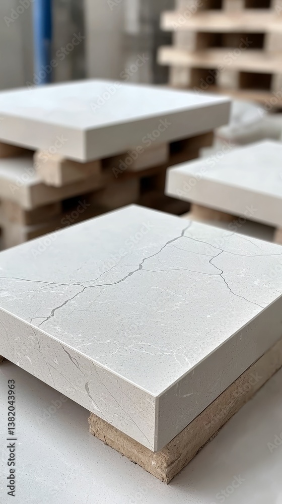 A close-up of white marble tiles with visible cracks, stacked on wooden pallets, showcasing their texture and design.