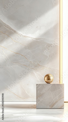 Obraz na płótnie A minimalist interior featuring a sleek marble wall and a geometric pedestal with a golden sphere, creating a modern aesthetic. w salonie