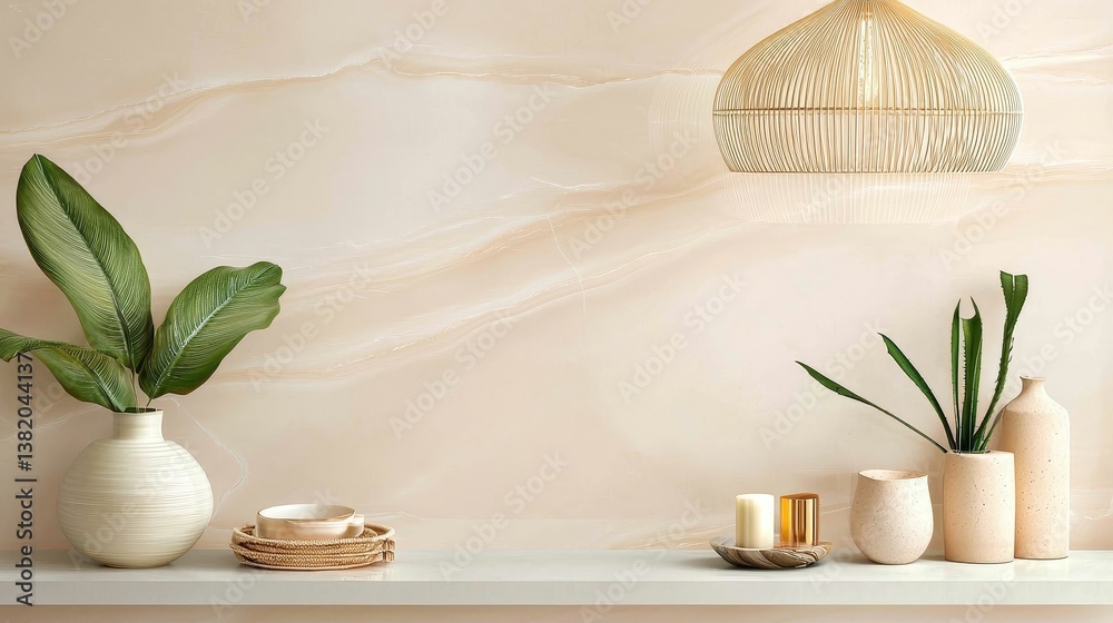 A stylish interior scene featuring decorative plants, elegant pottery, and a woven pendant lamp against a softly textured wall.