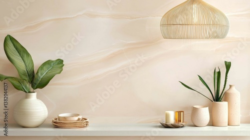 Obraz na płótnie A stylish interior scene featuring decorative plants, elegant pottery, and a woven pendant lamp against a softly textured wall. w salonie
