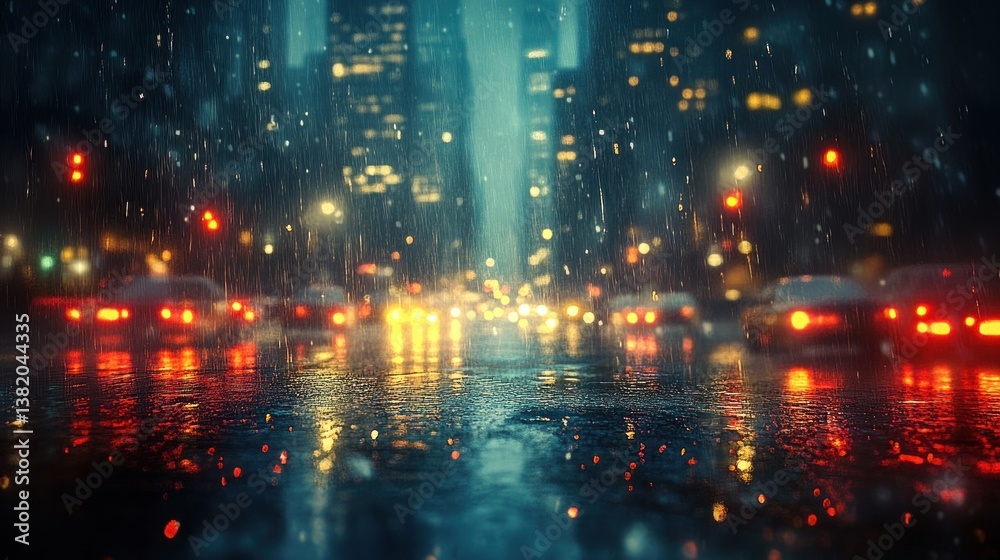 Obraz premium Rainy Night Cityscape: Blurry Lights and Reflections