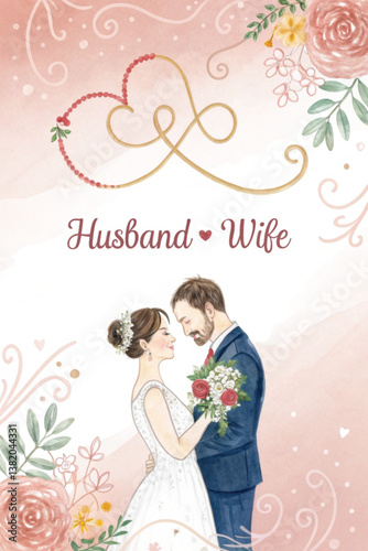 Romantic wedding illustration of a happy bride and groom in pink, a vector heart symbolizing their love
