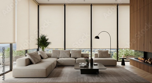 A modern interior featuring large roller blinds and automatic solar shades, complemented by wooden decor panels that add warmth to the space
