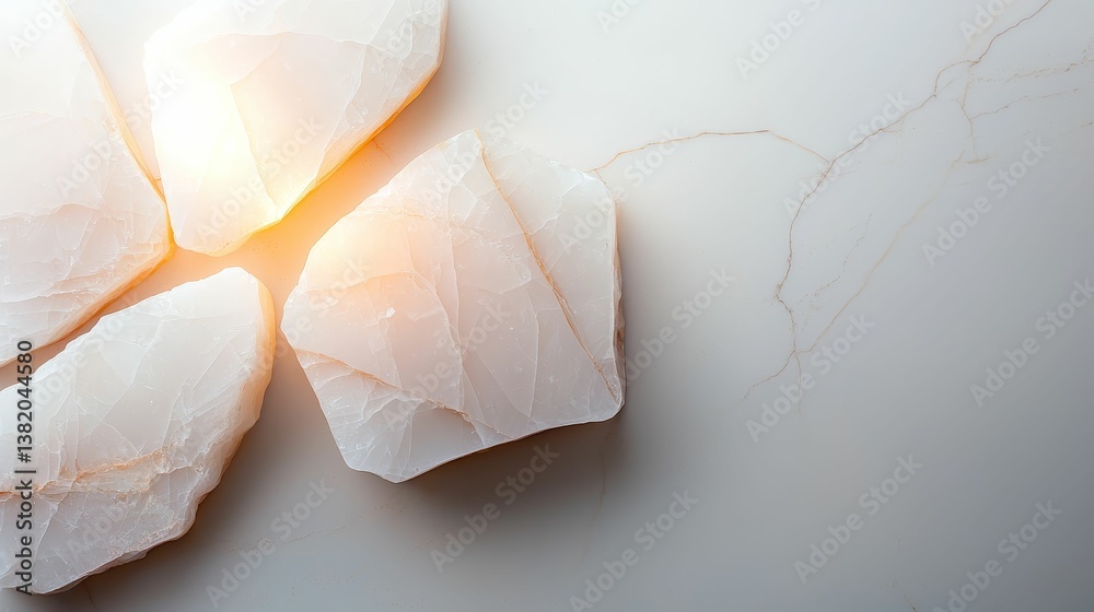 A close-up view of translucent, light-colored stones arranged artistically, showcasing their unique textures and natural beauty against a smooth background.