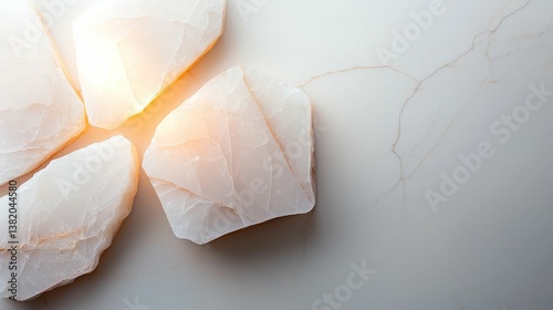 Obraz na płótnie A close-up view of translucent, light-colored stones arranged artistically, showcasing their unique textures and natural beauty against a smooth background. w salonie