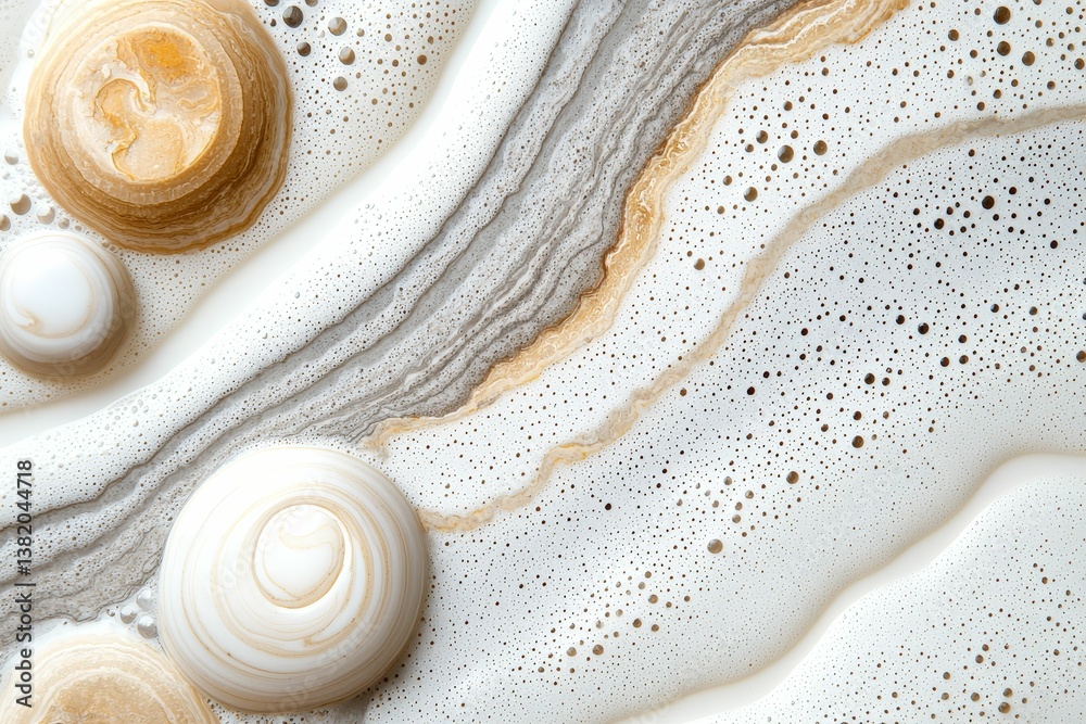 Abstract design featuring circular forms in cream and beige tones, with fluid lines and bubbles creating a dynamic texture.