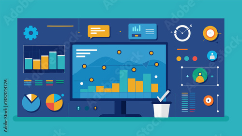 A massive data wall looms over the audience displaying various data points and statistics in realtime creating a dynamic and everchanging multimedia presentation.. Vector illustration
