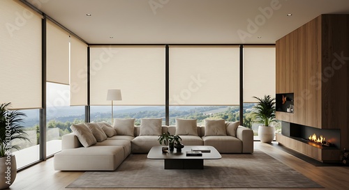 A modern interior featuring large roller blinds and automatic solar shades, complemented by wooden decor panels that add warmth to the space

