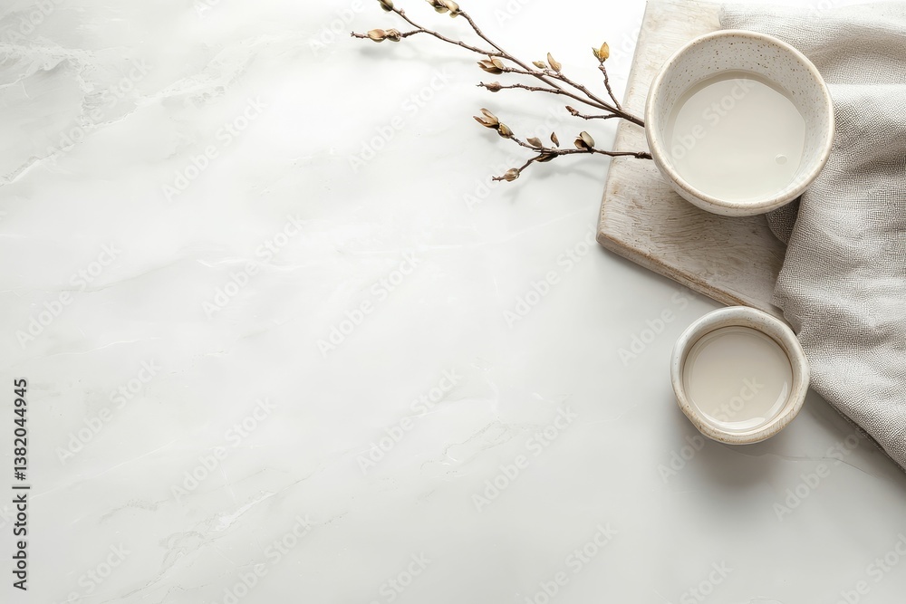 A serene arrangement featuring two ceramic bowls with a creamy substance, a textured cloth, and delicate branches on a smooth surface.