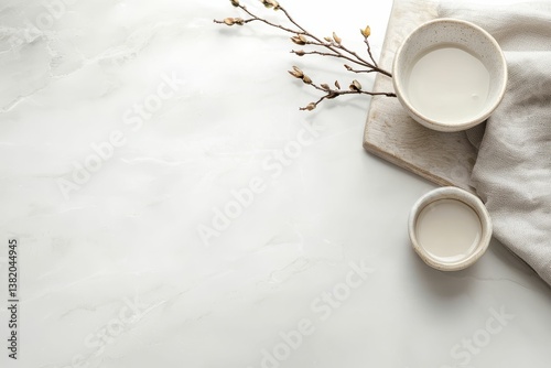 Obraz na płótnie A serene arrangement featuring two ceramic bowls with a creamy substance, a textured cloth, and delicate branches on a smooth surface. w salonie