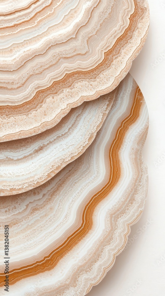 A close-up view of layered agate stone displaying intricate patterns and earthy tones of white, cream, and orange.