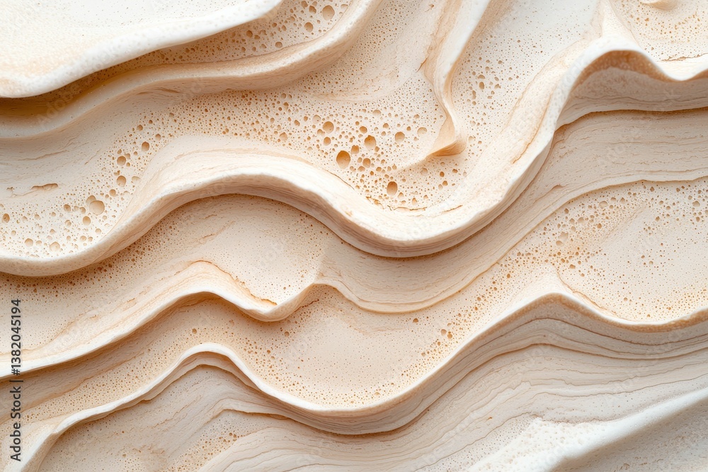 A close-up view of smooth, wavy surfaces displaying soft, creamy textures and bubbles, reminiscent of whipped cream or foamy layers.
