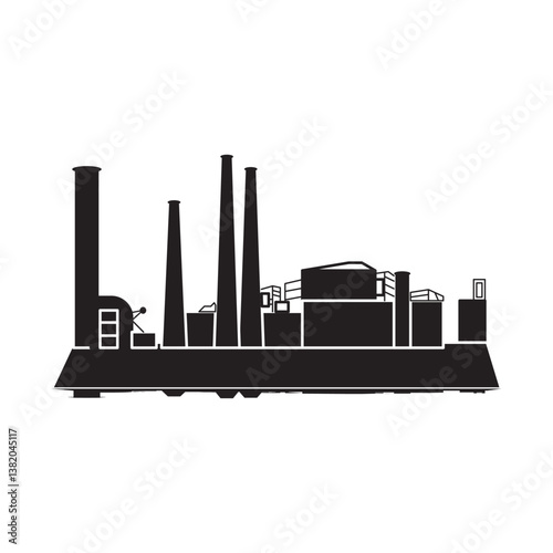 Black and white industrial factory silhouette with smokestacks. Represents manufacturing, industry, pollution, and infrastructure in a minimal, modern design.
