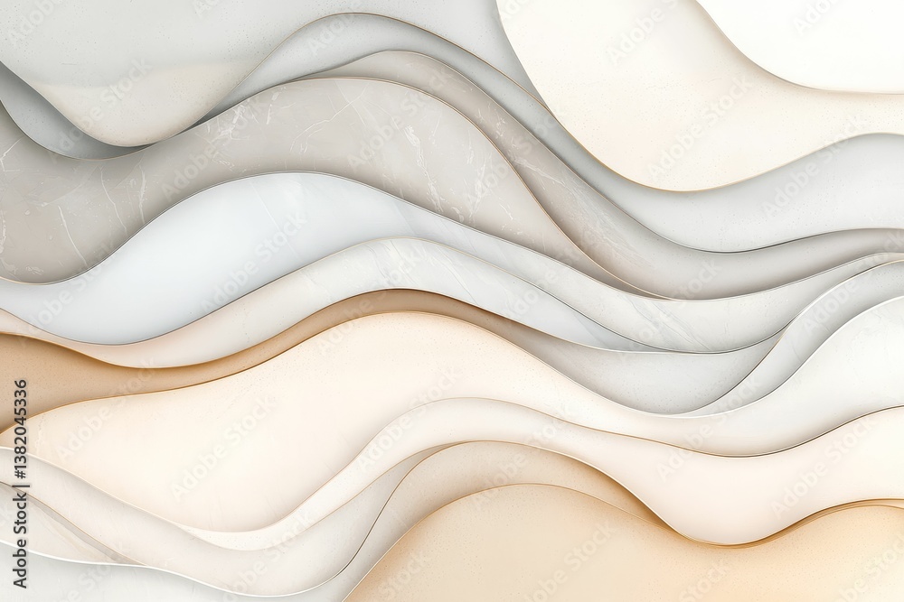 A modern abstract design featuring flowing waves in soft beige, cream, and gray tones, creating a sense of fluidity and movement.