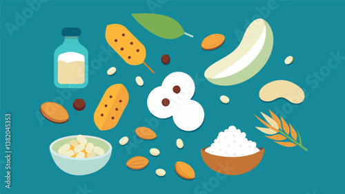 A sctious spread of sweet and savory ingredients including peanuts sesame sticks and white chocolate chips for the ultimate trail mix creation.. Vector illustration