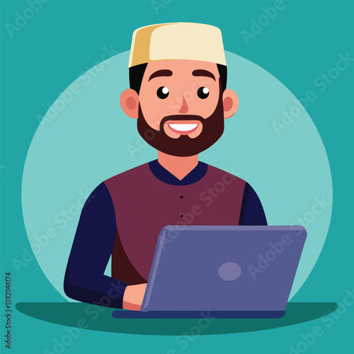 Muslim businessman working on laptop