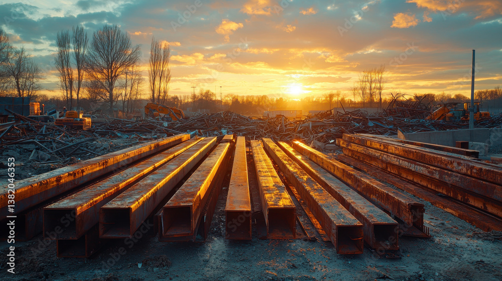 Obraz premium Collapsed Steel Beams Theme, Sunset over construction site with steel beams and debris, creating dramatic scene