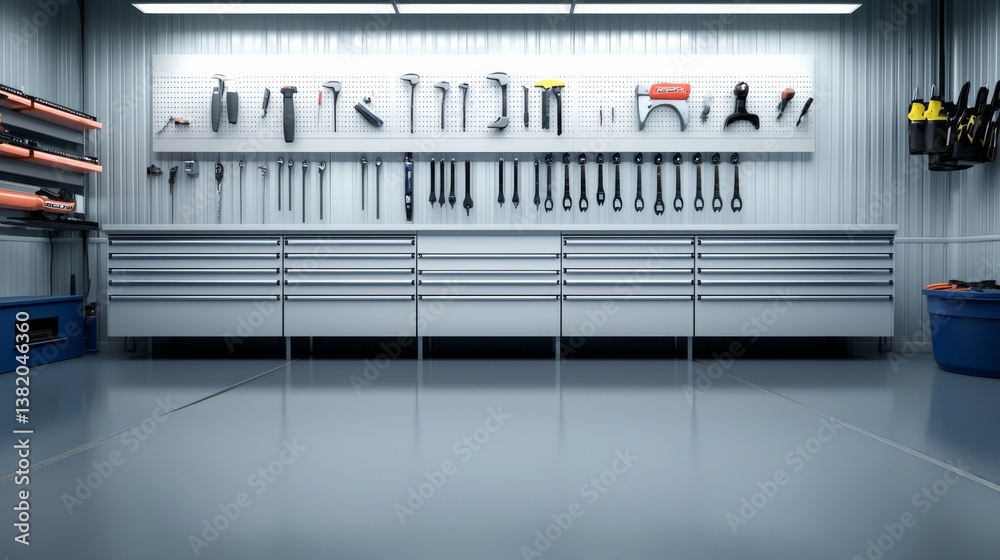 Organized workshop with tools neatly arranged on a wall-mounted rack Organized workshop with tools neatly arranged on a wall-mounted rack