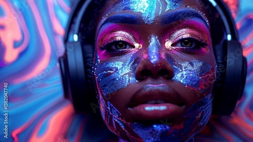 Immersive neon experience: vibrant abstract patterns and expressive face in motion