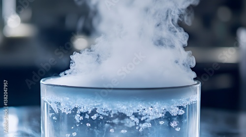 A close-up of a liquid nitrogen experiment with frosty smoke pouring out of a container